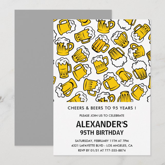 95th birthday invitations Men Cheers and Beers  (Front/Back)
