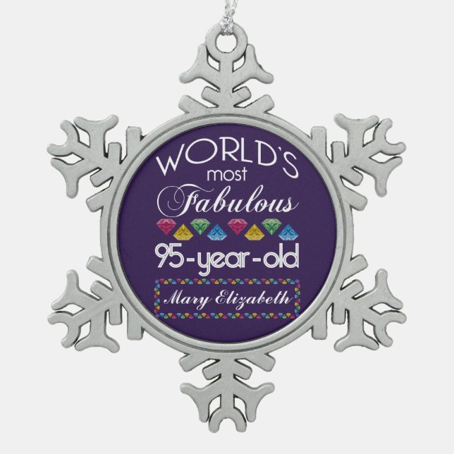 95th Birthday Most Fabulous Colourful Gems Purple Snowflake Pewter Christmas Ornament (Front)