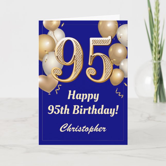 95th Birthday Navy Blue and Gold Balloons Confetti Card (Front)