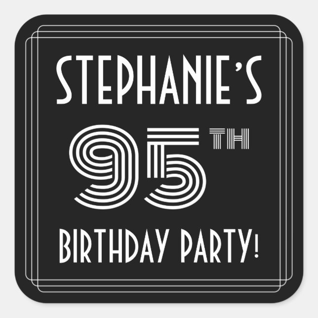 95th Birthday Party: Art Deco Style & Custom Name Square Sticker (Front)