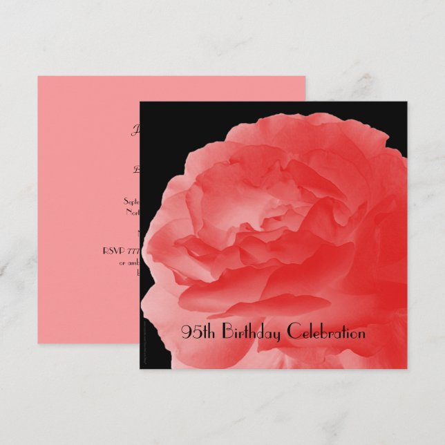 95th Birthday Party Coral Pink Rose, Name, Floral Invitation (Front/Back)