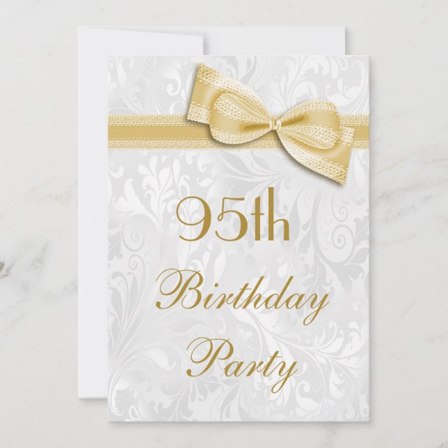 95th Birthday Party Damask and Faux Bow Invitation (Front)
