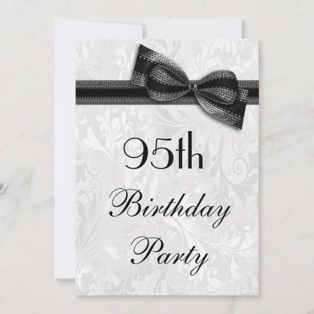 95th Birthday Party Damask and Faux Bow Invitation (Front)