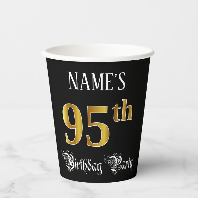 95th Birthday Party — Fancy Script, Faux Gold Look Paper Cups (Front)
