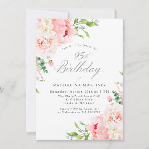 95th Birthday Party Feminine Pink Roses Floral Invitation