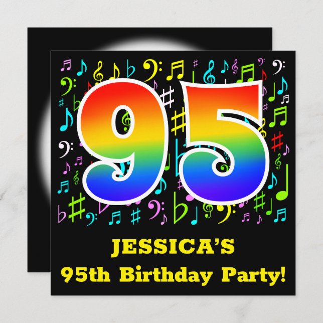95th Birthday Party: Fun Music Symbols, Rainbow 95 Invitation (Front/Back)