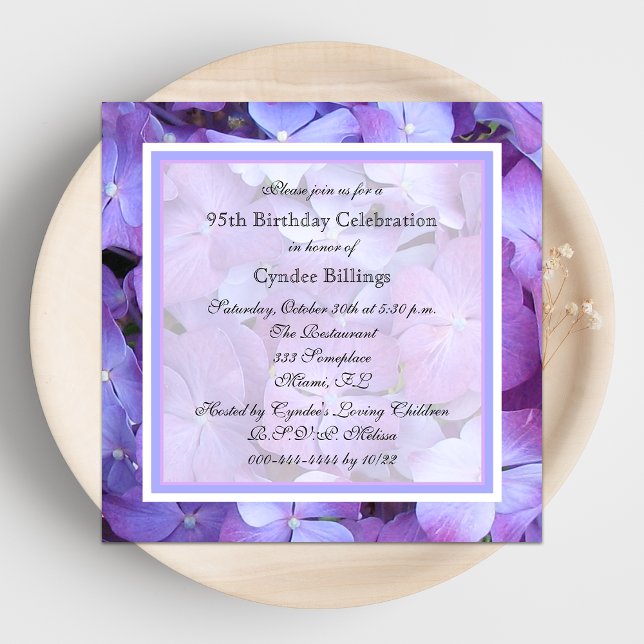 95th Birthday Party Invitation Purple Hydrangeas (Creator Uploaded)
