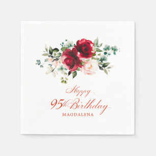 95th Birthday Party Pink Red Floral Custom Napkin