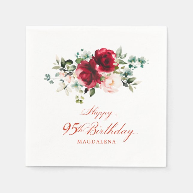 95th Birthday Party Pink Red Floral Custom Napkin (Front)