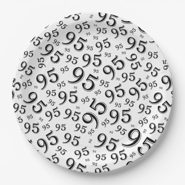 95th Birthday Party Random Number Pattern Black Paper Plate (Front)