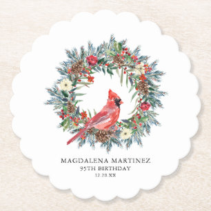 95th Birthday Party Red Cardinal Wreath Custom Paper Coaster