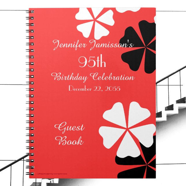 95th Birthday Party Red Floral Guest Book Notebook (Creator Uploaded)
