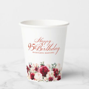 95th Birthday Party Red Rose Pink Peony Custom Paper Cups