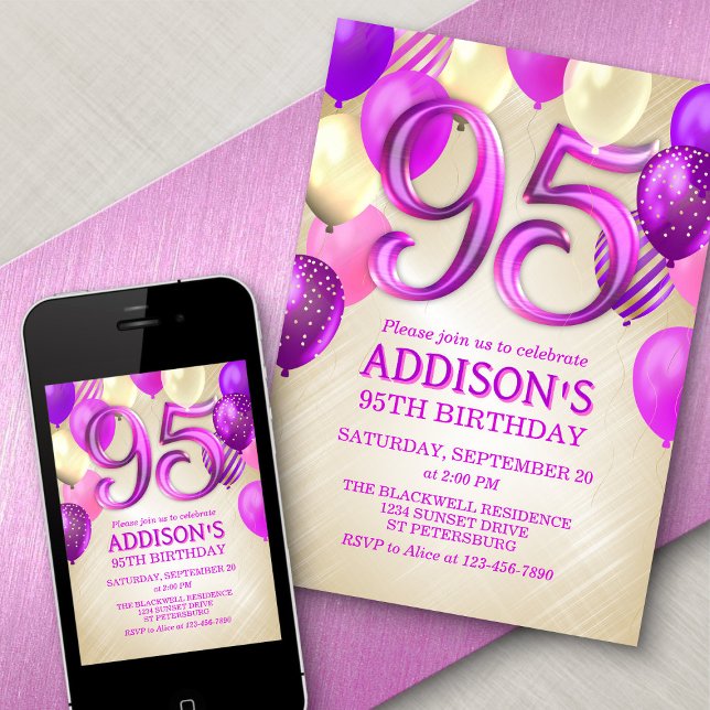 95th Birthday Pink Balloons Invitation (Creator Uploaded)