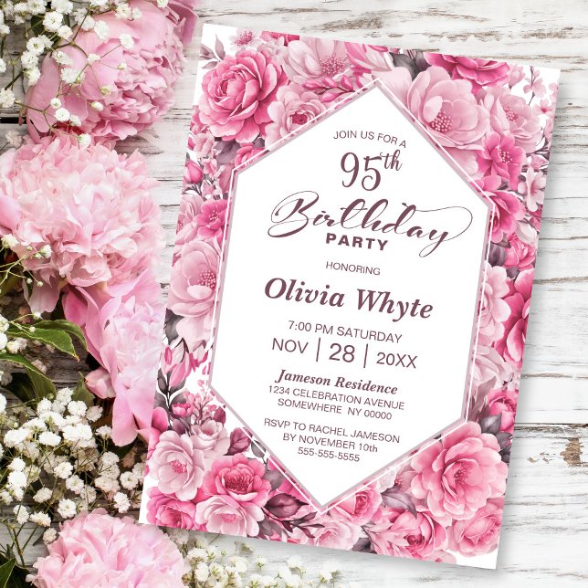 95th Birthday Pink Rose Floral Party Invitation (Creator Uploaded)