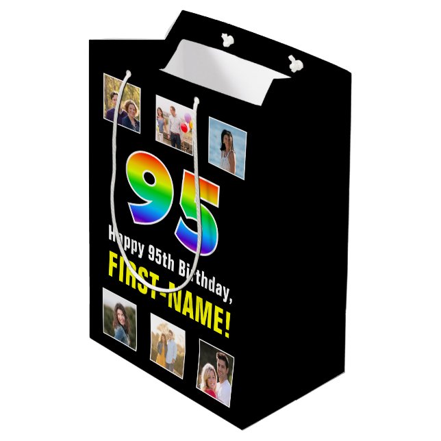 95th Birthday: Rainbow “95“, Custom Photos & Name Medium Gift Bag (Back Angled)