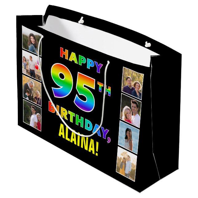 95th Birthday: Rainbow Text, Custom Photos & Name Large Gift Bag (Back Angled)