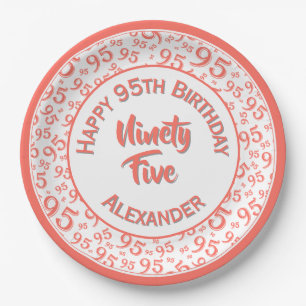 95th Birthday Random Number Pattern Coral/White Paper Plate