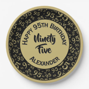 95th Birthday Random Number Pattern Gold/Black Paper Plate