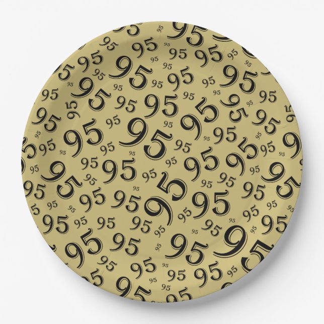 95th Birthday Random Number Pattern Gold/Black Paper Plate (Front)