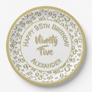 95th Birthday Random Number Pattern Gold/White Paper Plate