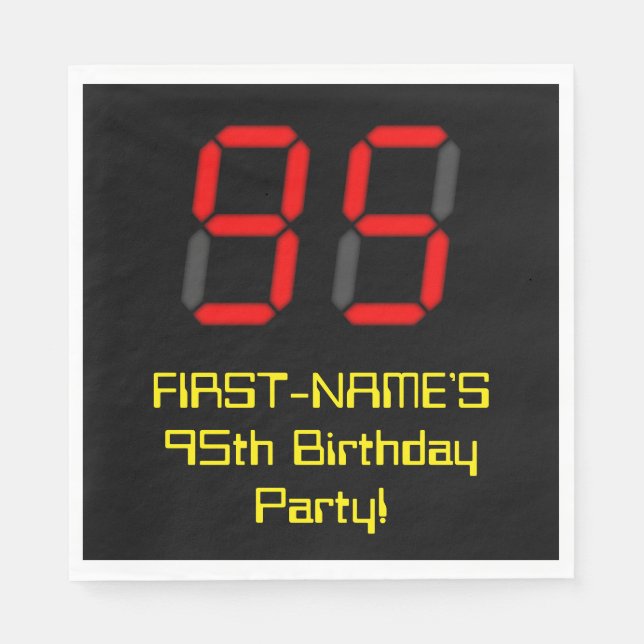 95th Birthday: Red Digital Clock Style "95" + Name Napkin (Front)