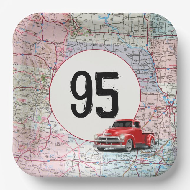 95th Birthday Red Retro Truck on Road Map   Paper Plate (Front)