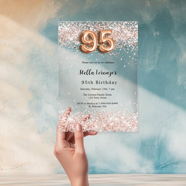 95th birthday rose gold confetti clear acrylic invitations (Creator Uploaded)