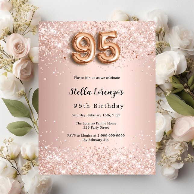 95th birthday rose gold pink invitation postcard (Creator Uploaded)