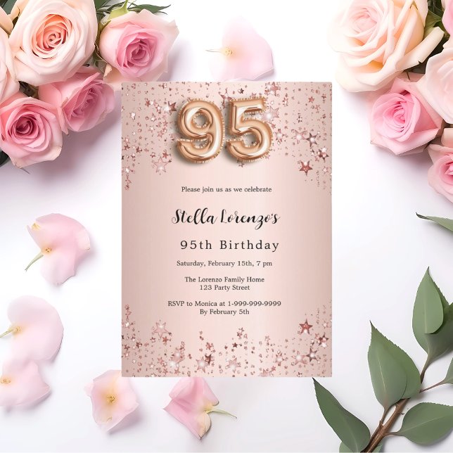 95th birthday rose gold pink stars invitation (Creator Uploaded)