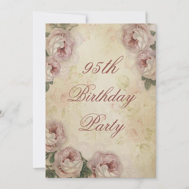 95th Birthday Shabby Chic Roses and Lace Invitation (Front)