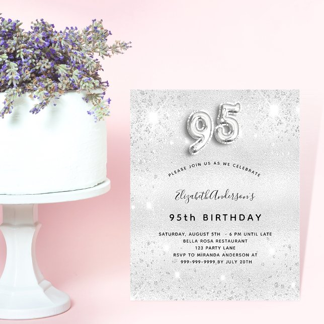95th birthday silver glitter budget invitation flyer (Creator Uploaded)