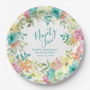 95th Birthday Summer Watercolor Floral Custom Paper Plate
