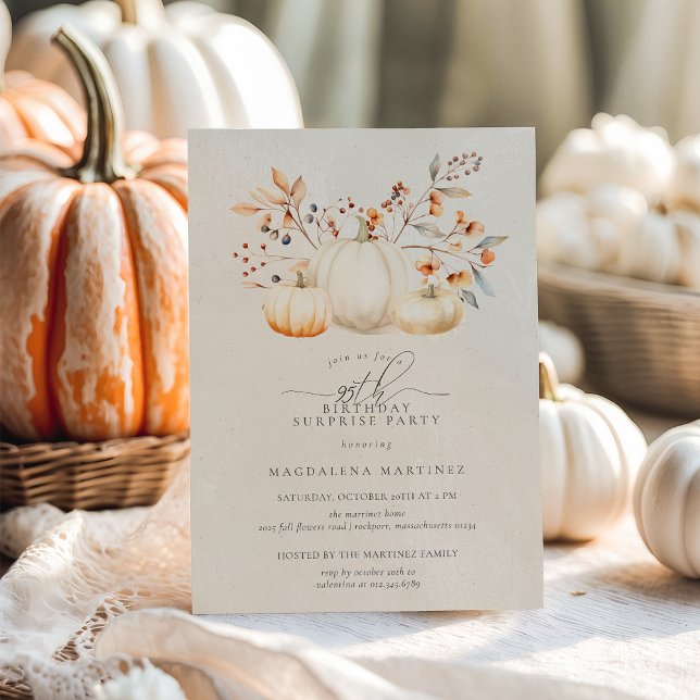 95th Birthday Surprise Party White Pumpkin Fall Invitation (Creator Uploaded)