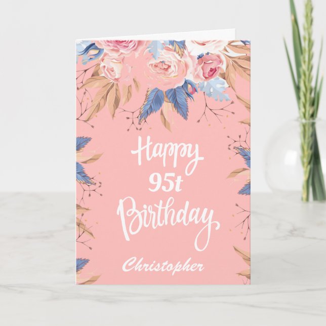 95th Birthday Watercolor Botanical Pink Floral Card (Front)