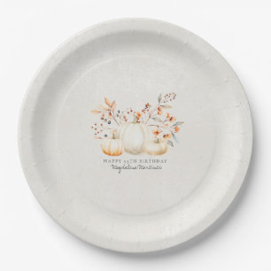 95th Birthday White Pumpkin Fall Leaves Custom Paper Plate