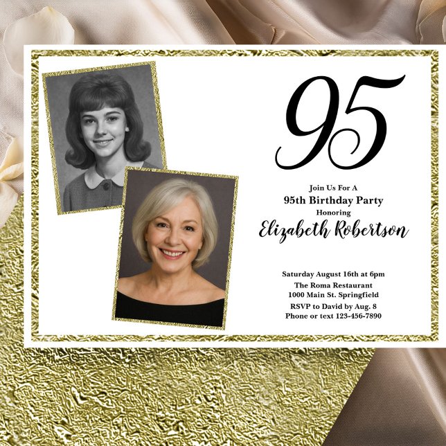 95th Custom Photo White and Gold  Invitation (Creator Uploaded)