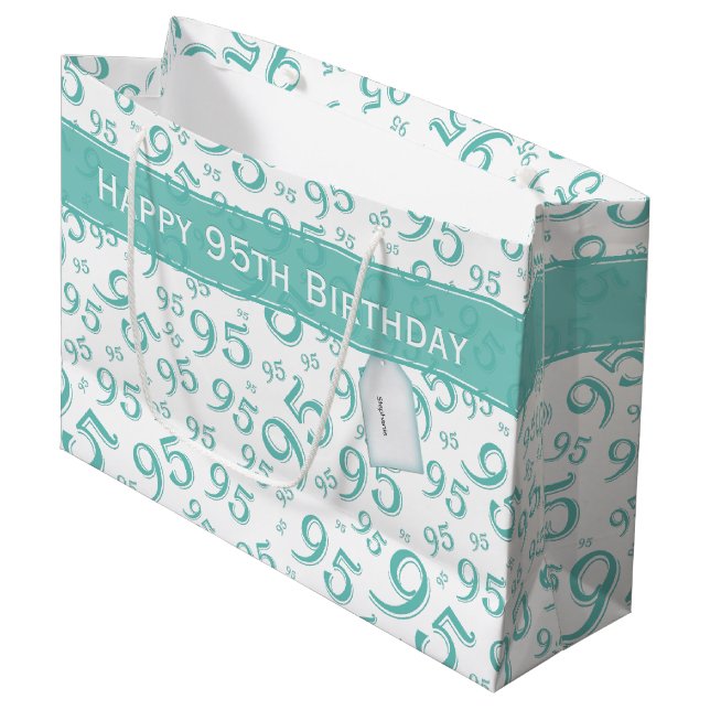 95th Happy Birthday Teal Random Number Pattern 95 Large Gift Bag (Front Angled)