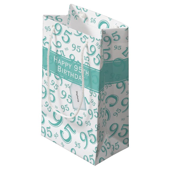 95th Happy Birthday Teal Random Number Pattern 95 Small Gift Bag (Front Angled)