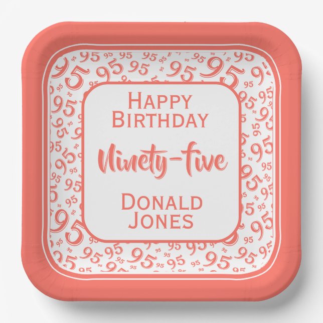 95th Party Random Number Pattern Coral/White Paper Plate (Front)