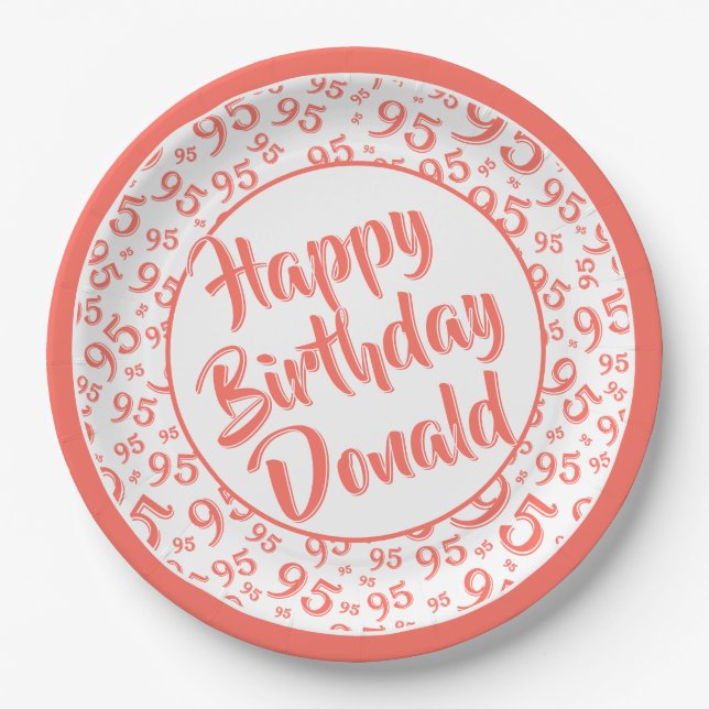 95th Party Random Number Pattern Coral/White Paper Plate (Front)