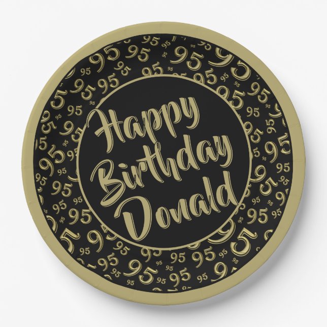95th Party Random Number Pattern Gold/Black Paper Plate (Front)