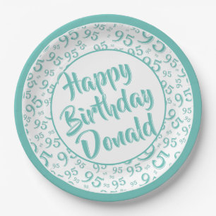 95th Party Random Number Pattern Teal/White Paper Plate