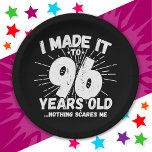 96 Year Old Sarcastic Meme Funny 96th Birthday Paper Plate<br><div class="desc">This funny 96th birthday design makes a great sarcastic humour joke or novelty gag gift for a 96 year old birthday theme or surprise 96th birthday party! Features 'I Made it to 96 Years Old... Nothing Scares Me' funny 96th birthday meme that will get lots of laughs from family, friends,...</div>