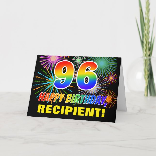 96th Birthday: Bold, Fun, Fireworks, Rainbow 96 Card (Front)