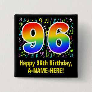 96th Birthday: Colourful Music Symbols, Rainbow 96 15 Cm Square Badge