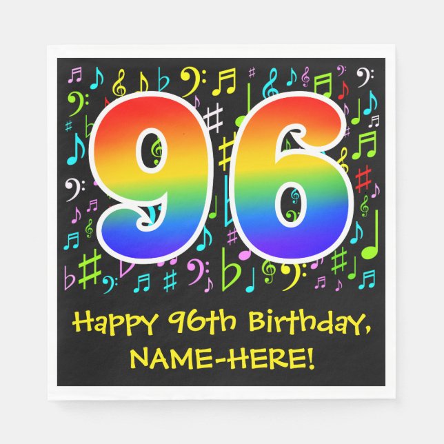 96th Birthday - Colourful Music Symbols, Rainbow 9 Napkin (Front)