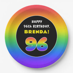 96th Birthday: Colourful Rainbow # 96, Custom Name Paper Plate
