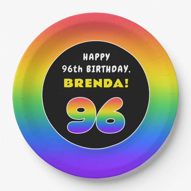 96th Birthday: Colourful Rainbow # 96, Custom Name Paper Plate (Front)