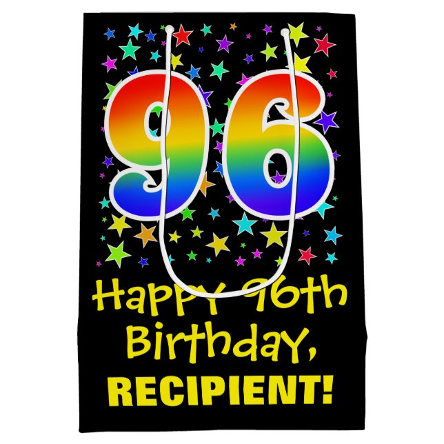 96th Birthday: Colourful Stars Pattern & Rainbow 9 Medium Gift Bag (Back)